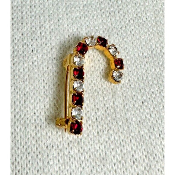 Estate Jewelry Gold Tone Candy Cane Brooch Pin With Red White